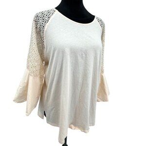 Dg2 XL Womens Bell Sleeve Top Cotton Eyelet Lace Boho Country Cottagecore Raglan